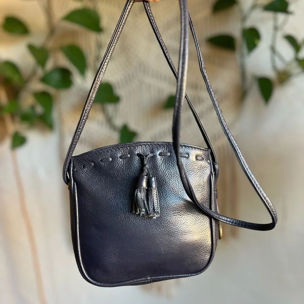 Vintage Anne Klein Oroton Leather Crossbody Bag Navy Leather Tassel Purse 80s